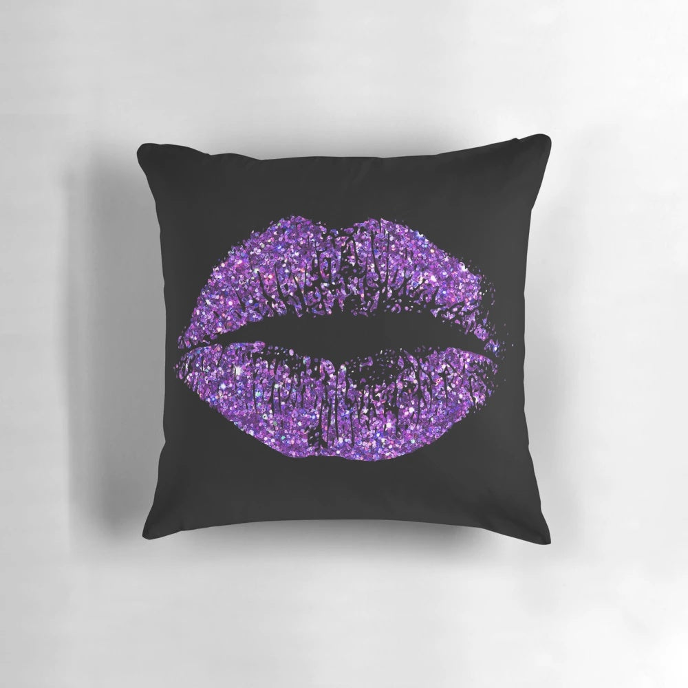 Elegant purple glitter lips decorative pillow for home decor