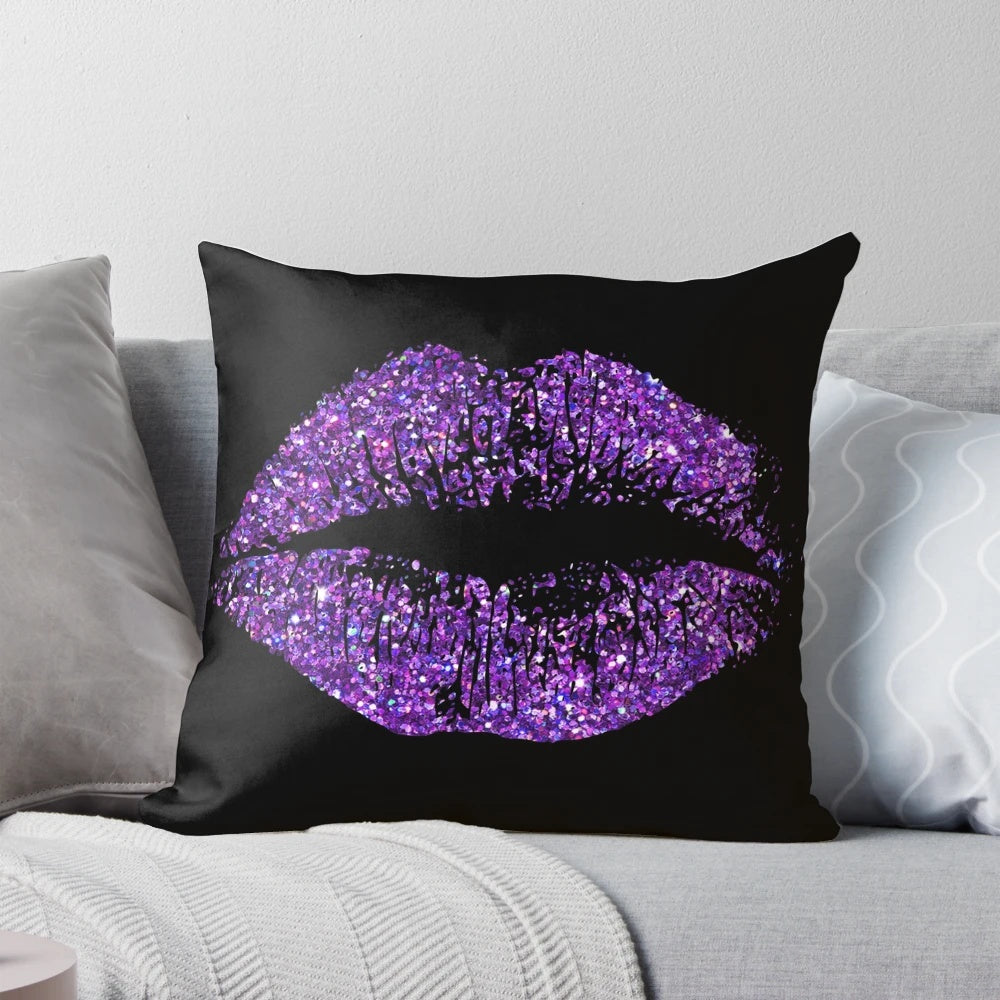 Elegant purple glitter lips decorative pillow for home decor