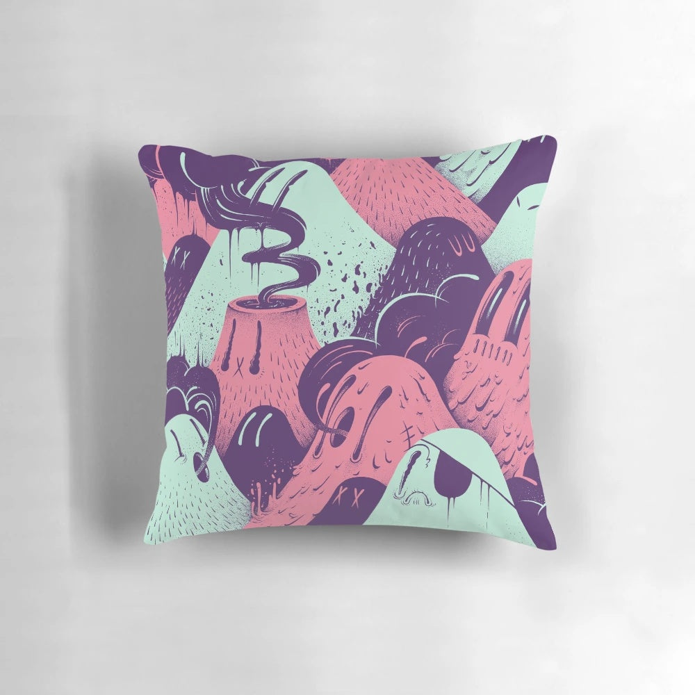 Purple pillow featuring whimsical Tonyriff character designs
