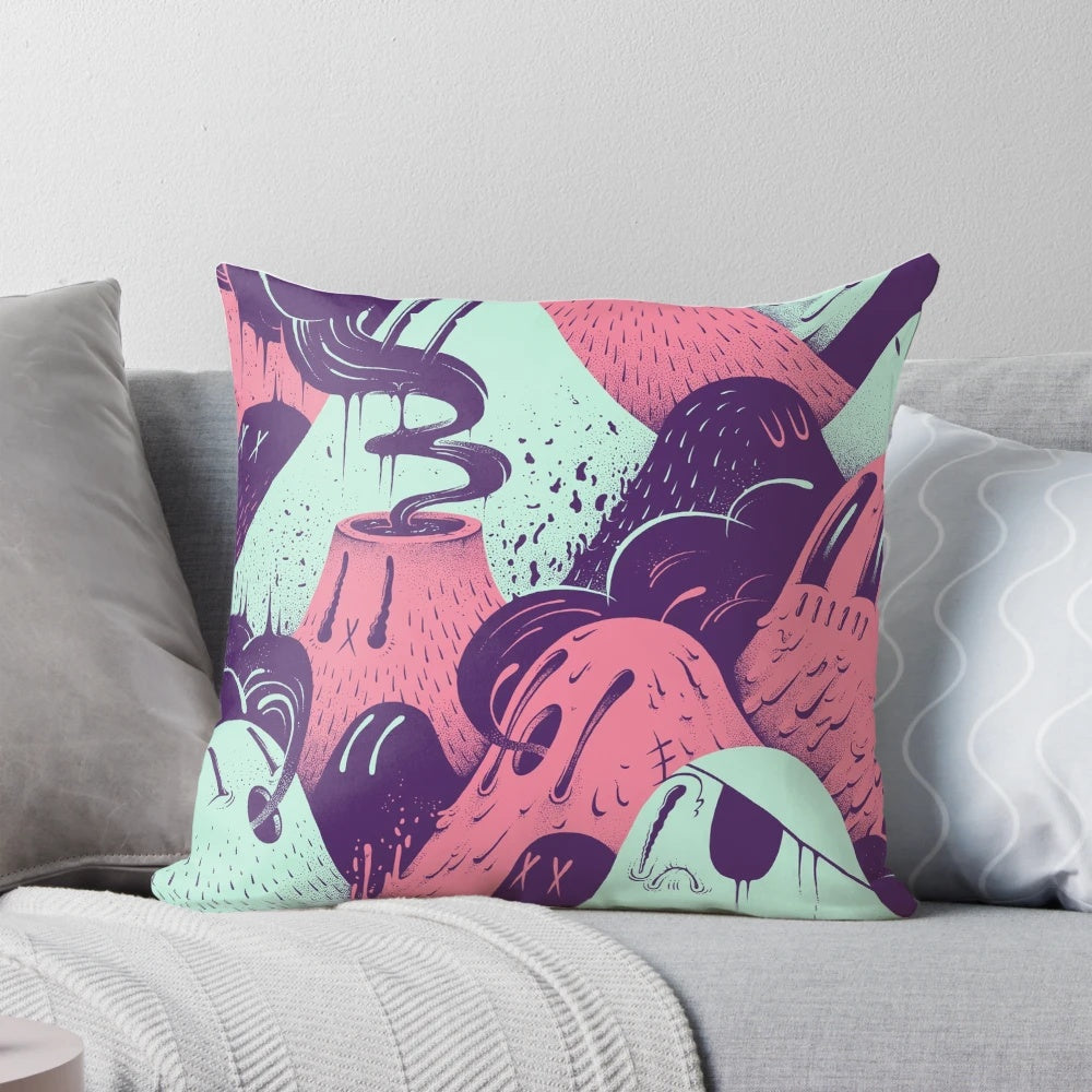 Purple pillow featuring whimsical Tonyriff character designs