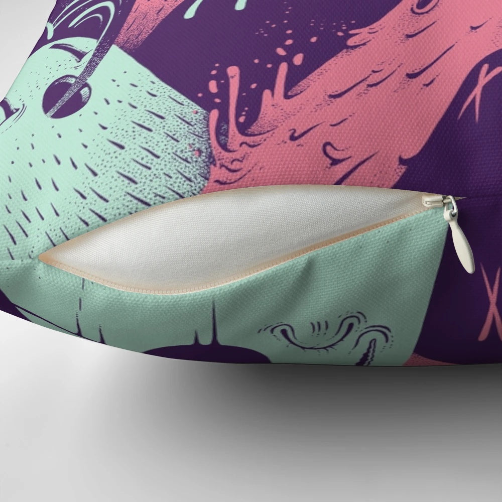 Purple pillow featuring whimsical Tonyriff character designs