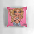 Decorative pillow featuring a vibrant, hand-drawn Queen Bad Dollzzz character design in pink and black.