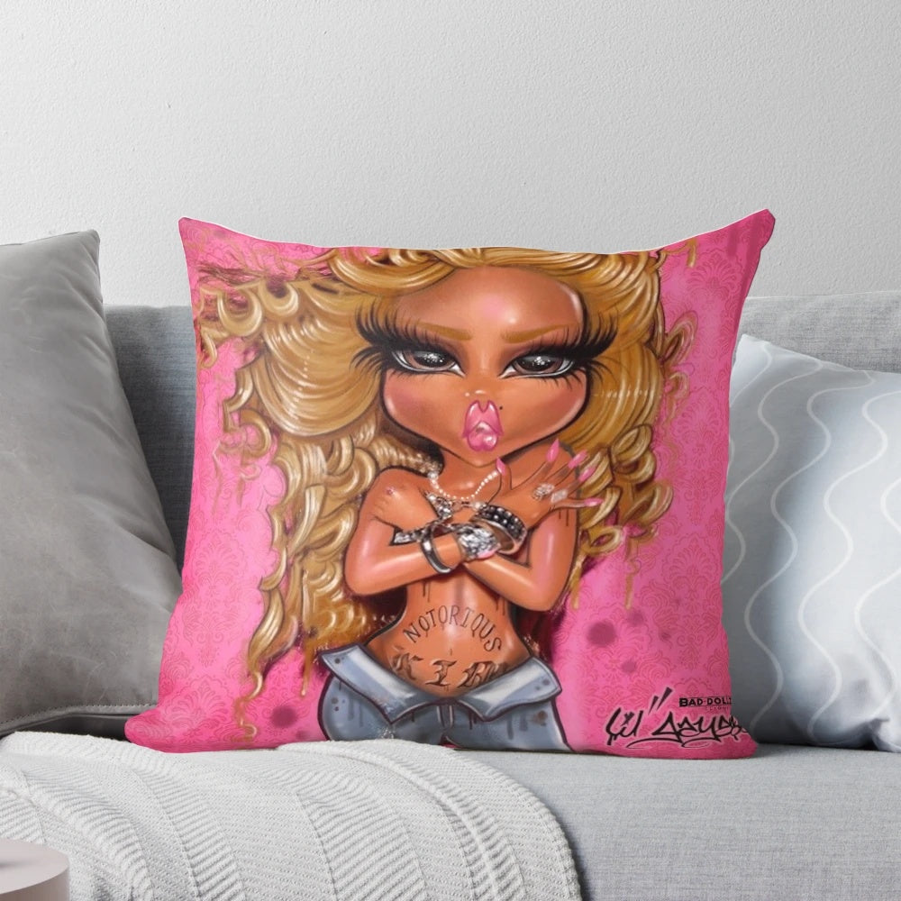 Decorative pillow featuring a vibrant, hand-drawn Queen Bad Dollzzz character design in pink and black.