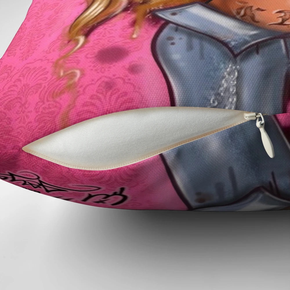 Decorative pillow featuring a vibrant, hand-drawn Queen Bad Dollzzz character design in pink and black.