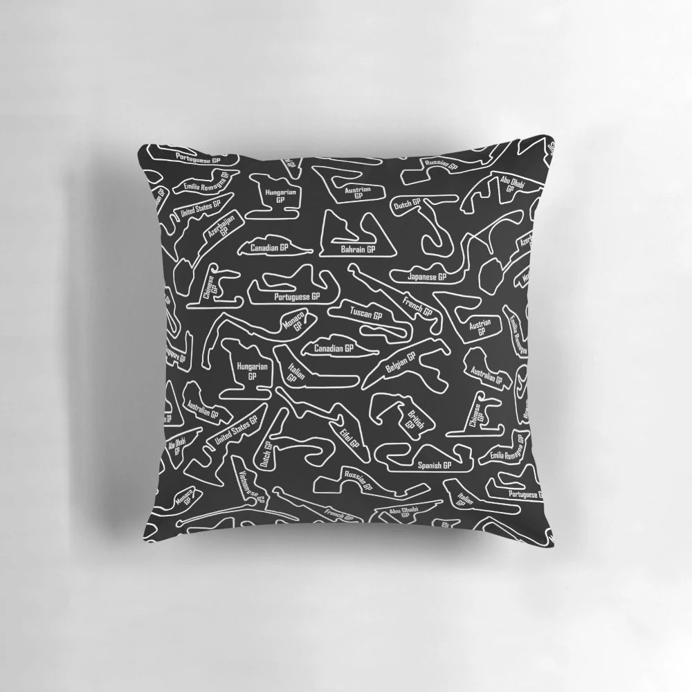 Decorative pillow featuring a racing circuit pattern design for motorsports enthusiasts