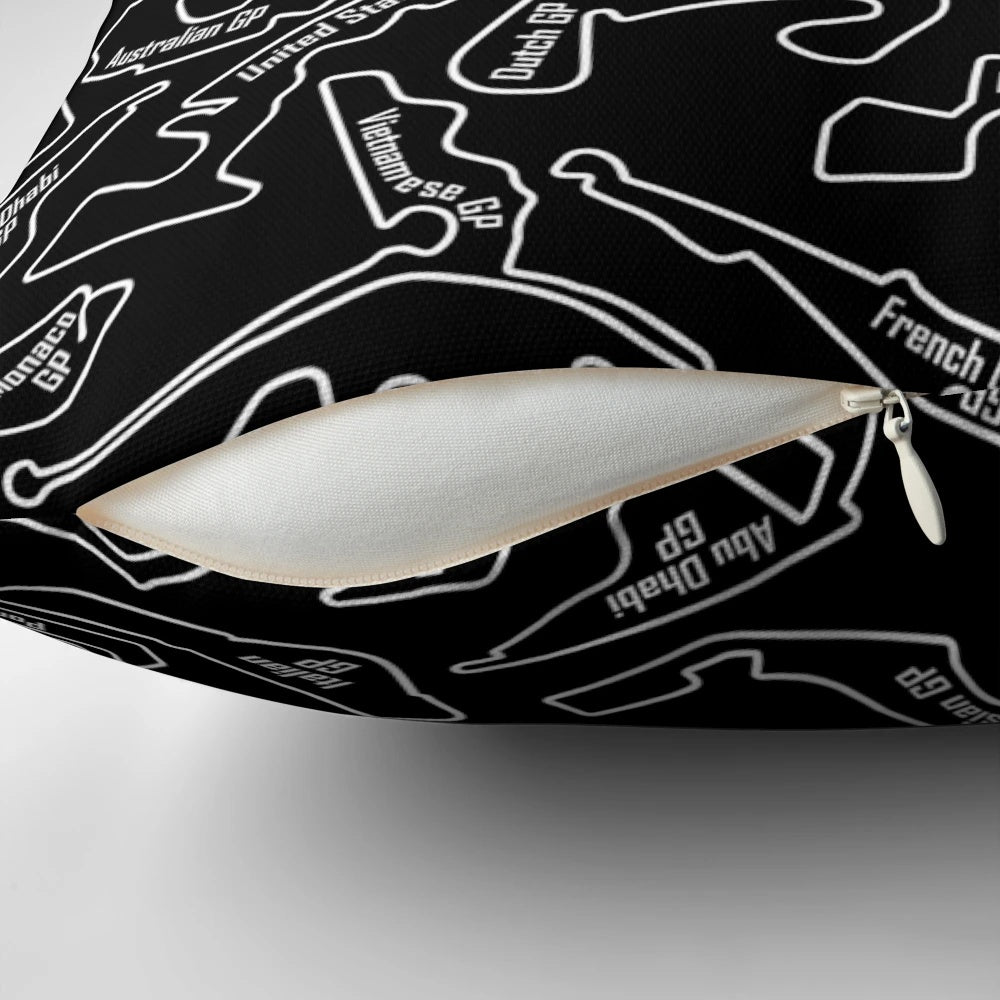 Decorative pillow featuring a racing circuit pattern design for motorsports enthusiasts