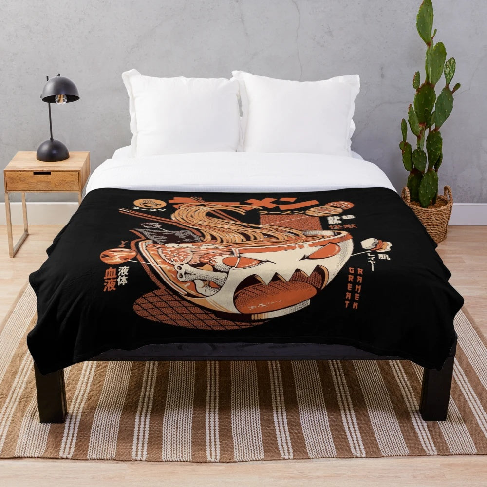 Plush blanket featuring a ramen-inspired kaiju design