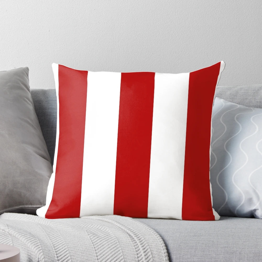 Red and white striped decorative pillow with a nautical, coastal design