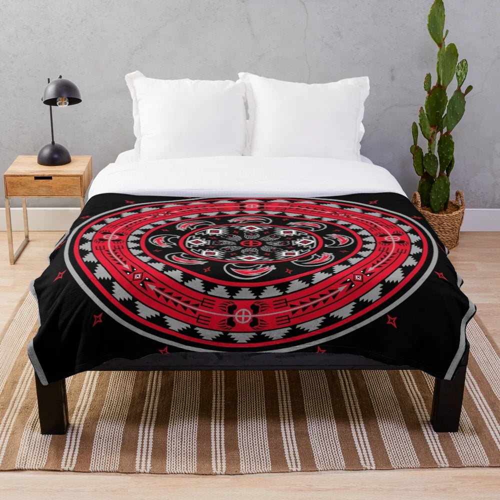 Red bear plush blanket with native american inspired geometric design