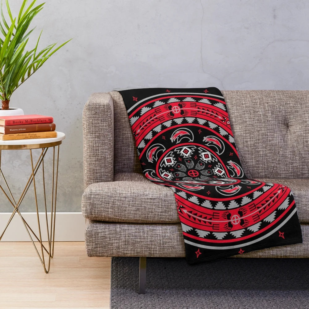 Red bear plush blanket with native american inspired geometric design
