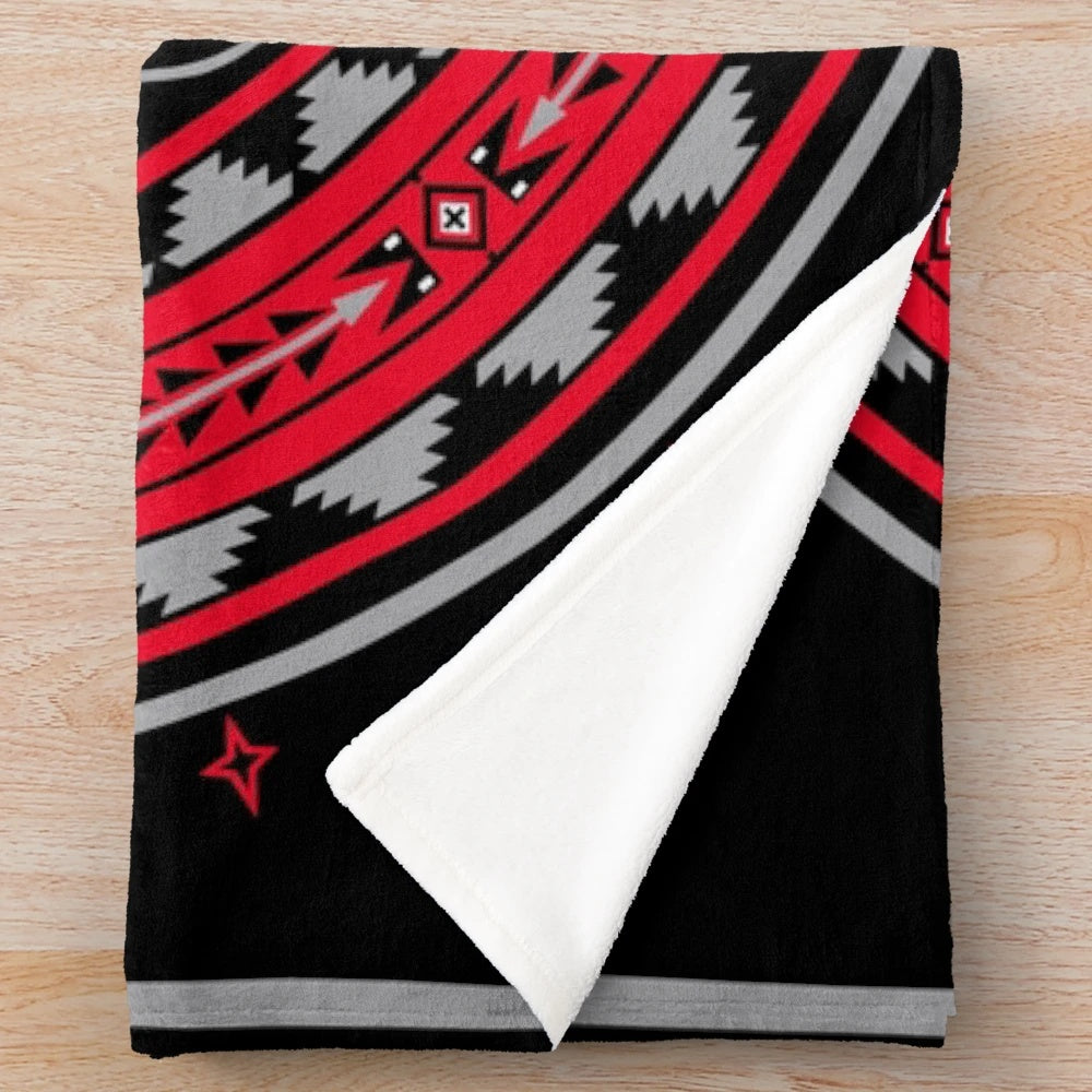 Red bear plush blanket with native american inspired geometric design
