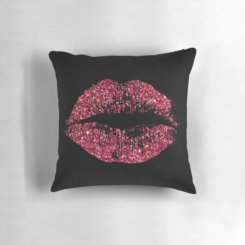 Stylish red glitter lips design on a decorative throw pillow