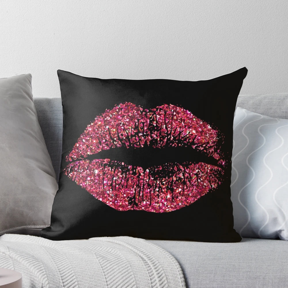 Stylish red glitter lips design on a decorative throw pillow