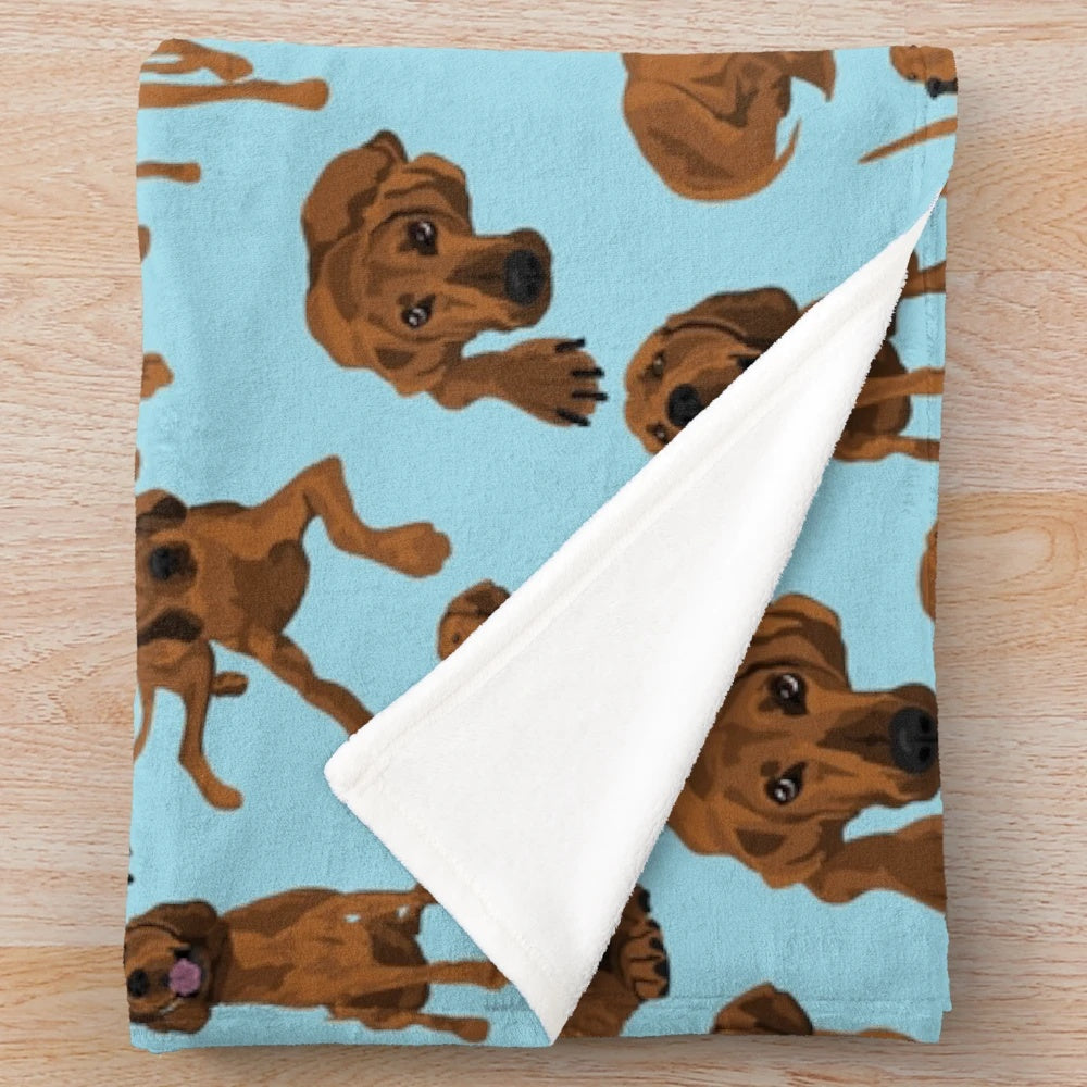 Redbone coonhound on a blue plush blanket with a vibrant dog pattern