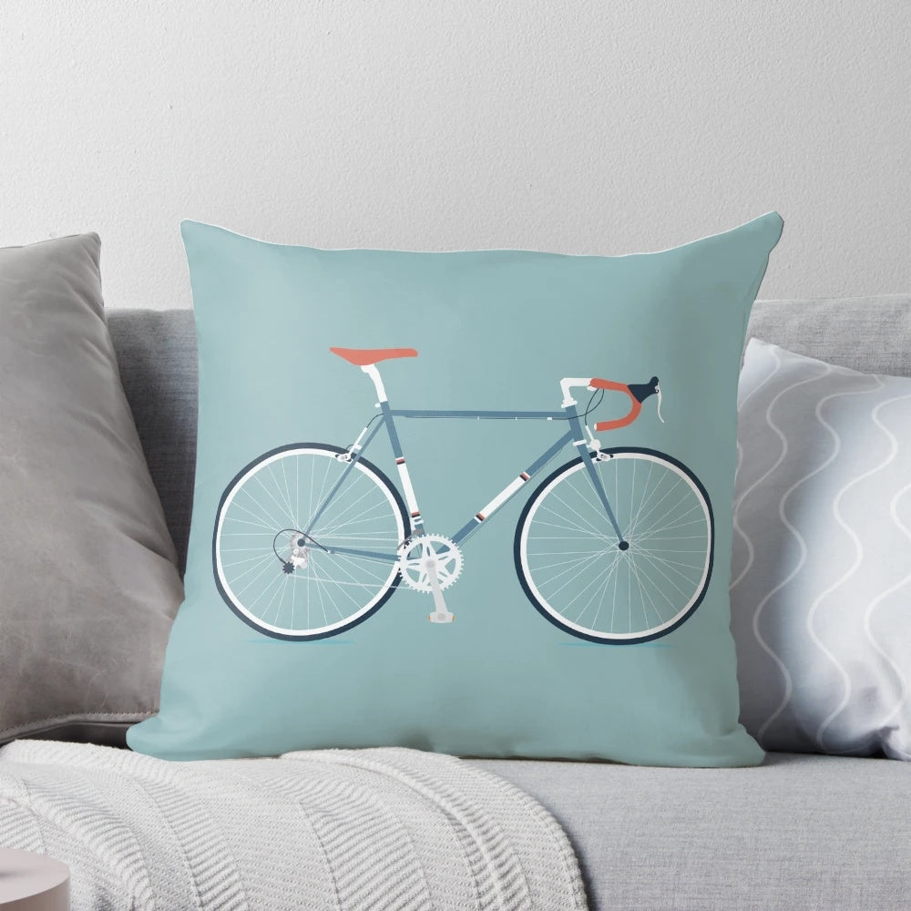 Plush road bike-style throw pillow in blue and red colors