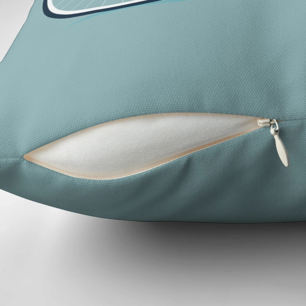 Plush road bike-style throw pillow in blue and red colors