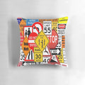 Decorative pillow featuring assorted road and traffic signs