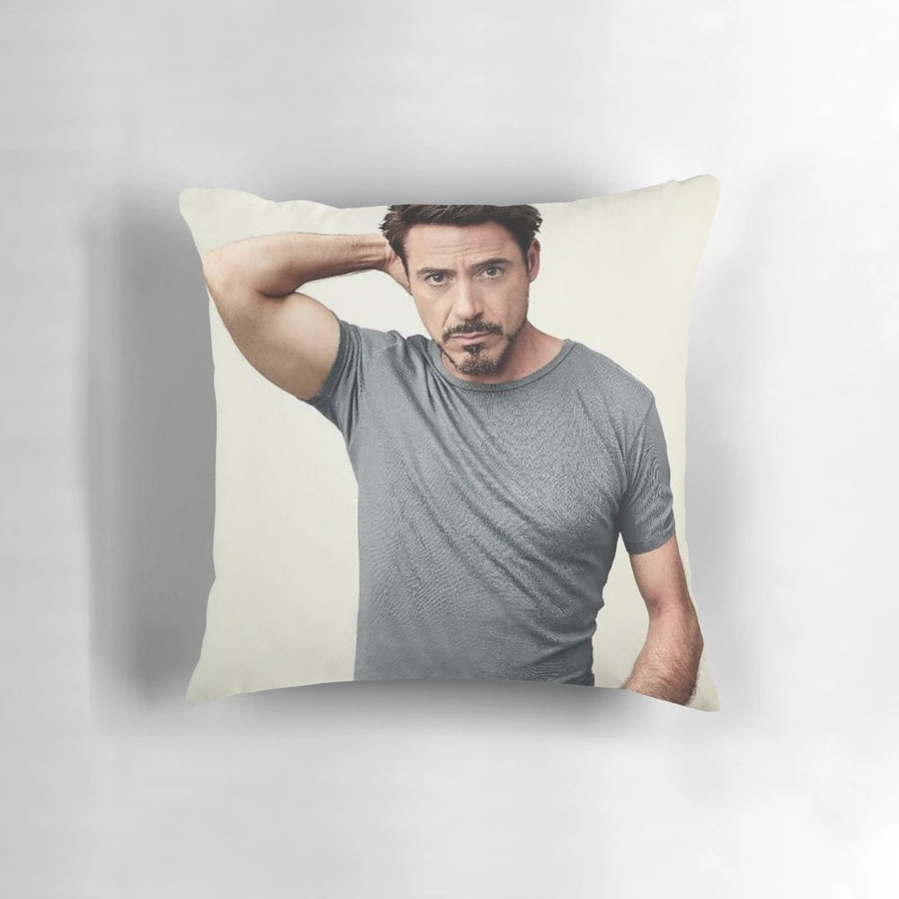 Plush pillow featuring the likeness of actor Robert Downey Jr as Iron Man