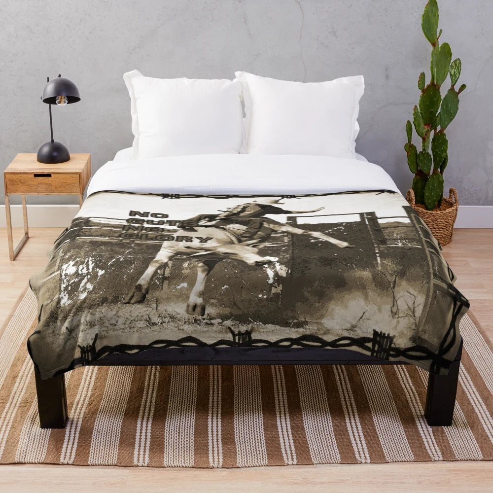 Plush blanket featuring bull rider quotes and rodeo art design