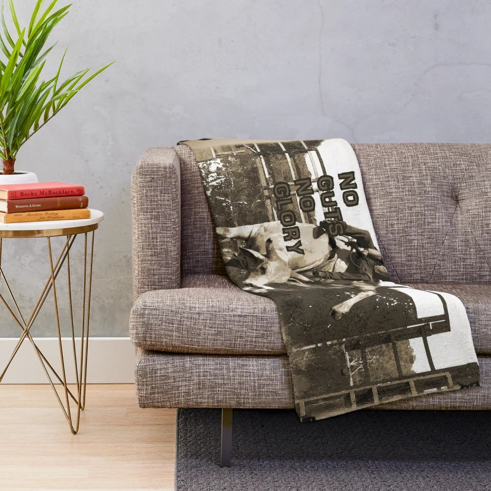 Plush blanket featuring bull rider quotes and rodeo art design
