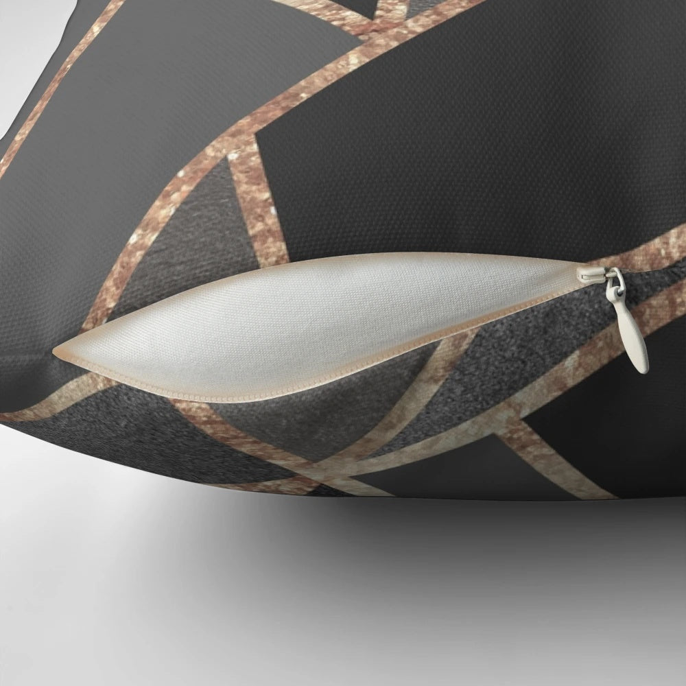 A stylish rose gold gray geometric throw pillow with a minimalist Scandinavian-inspired design, perfect for modern home decor.
