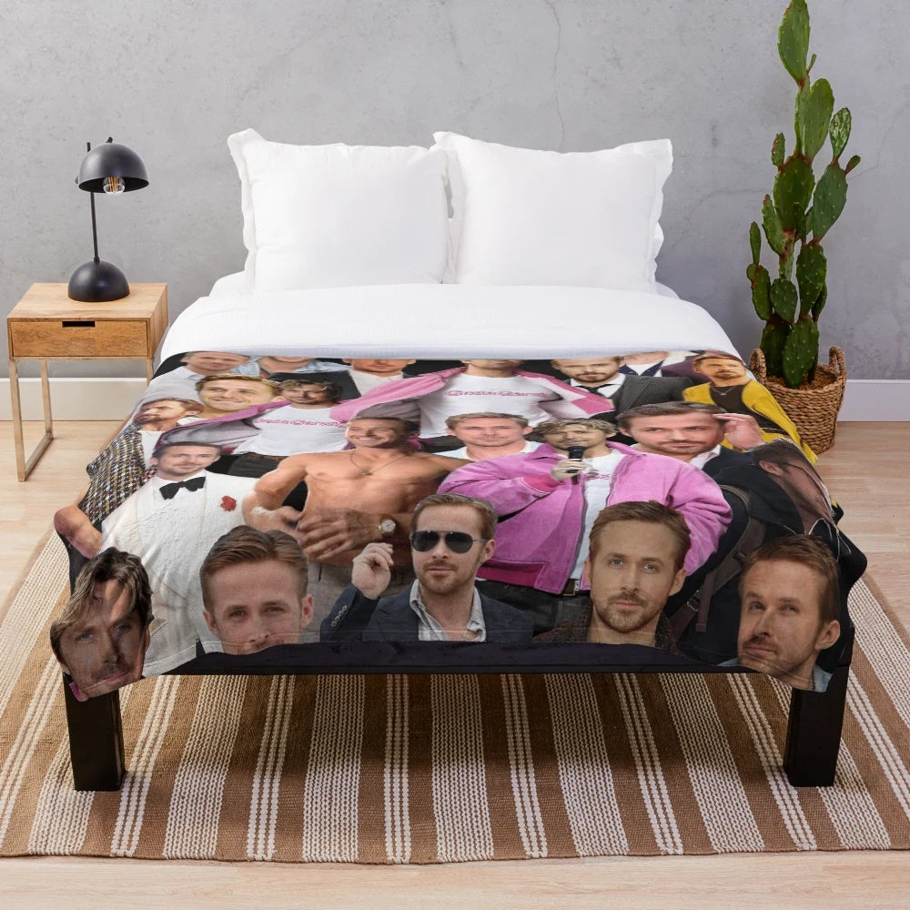 Ryan Gosling photo collage printed on a soft and cozy plush blanket