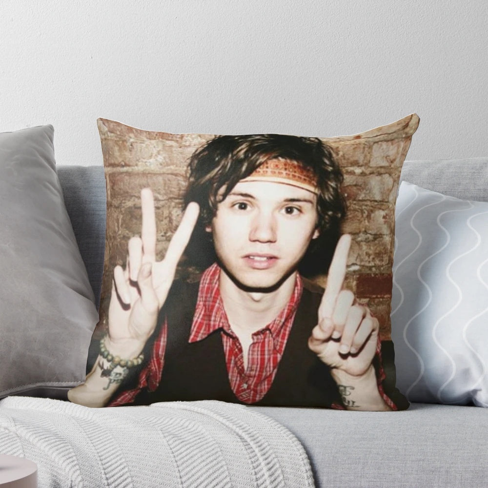 Decorative throw pillow featuring an illustration inspired by Ryan Ross