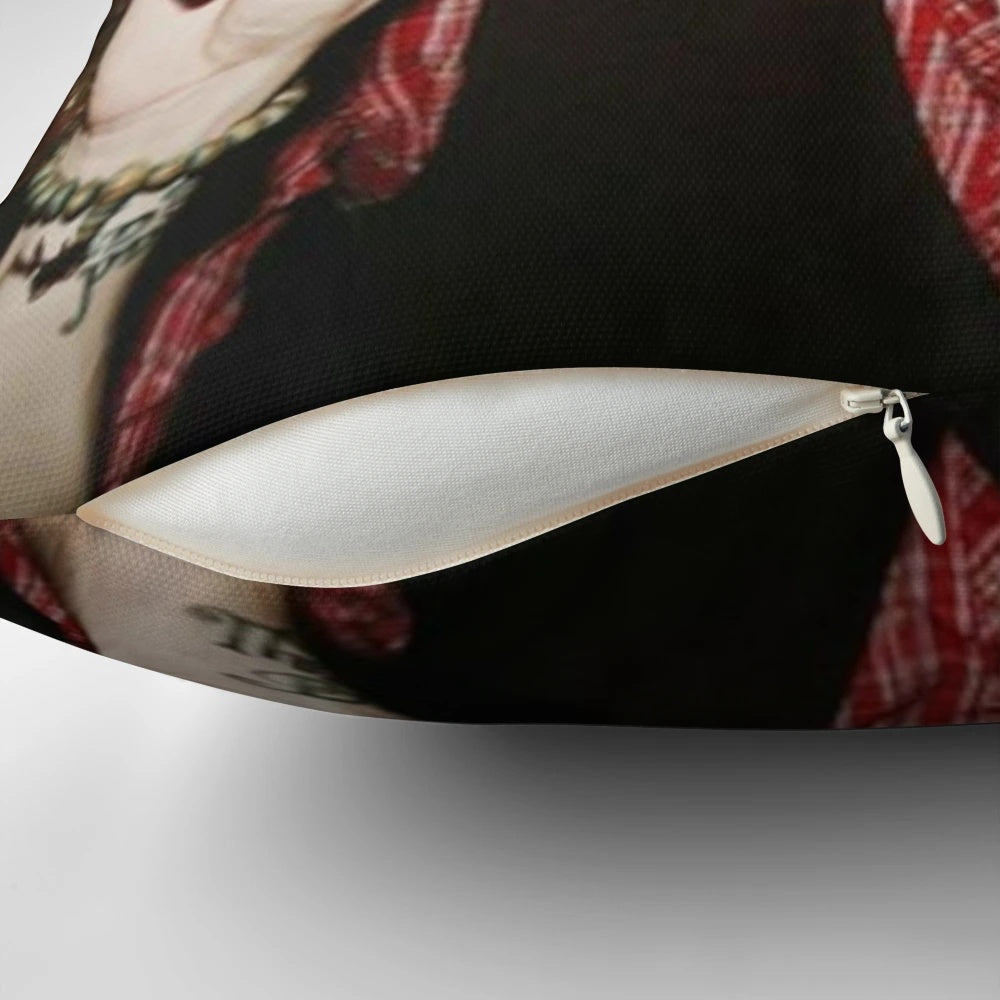 Decorative throw pillow featuring an illustration inspired by Ryan Ross
