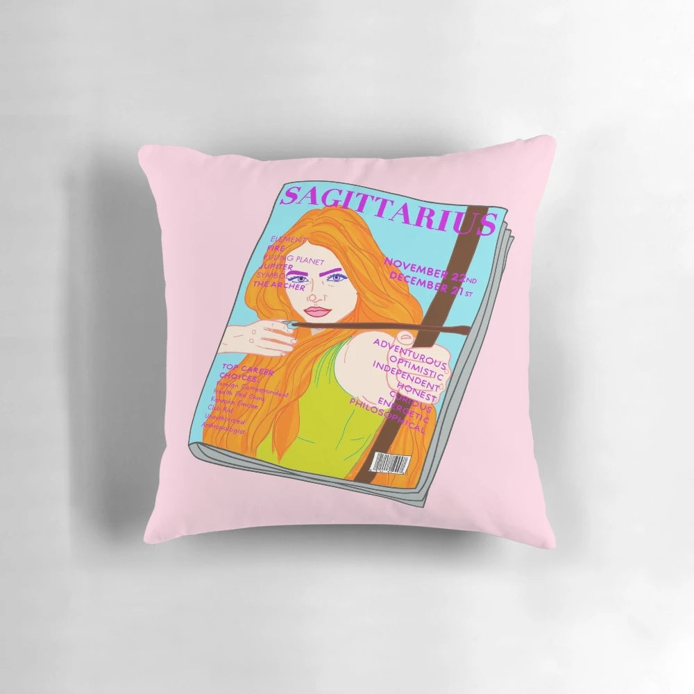 Sagittarius zodiac art print featuring a fashion-forward, vogue-inspired horoscope illustration on a decorative pillow.