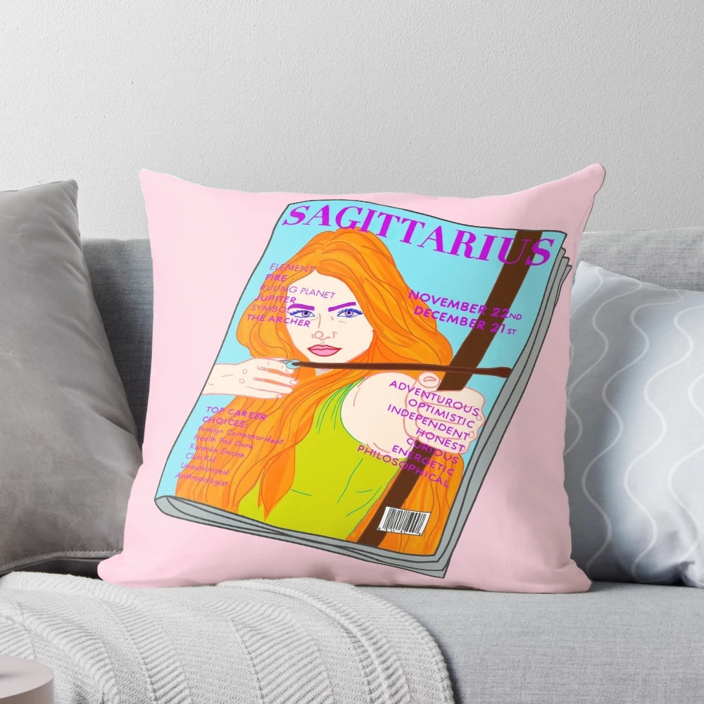 Sagittarius zodiac art print featuring a fashion-forward, vogue-inspired horoscope illustration on a decorative pillow.