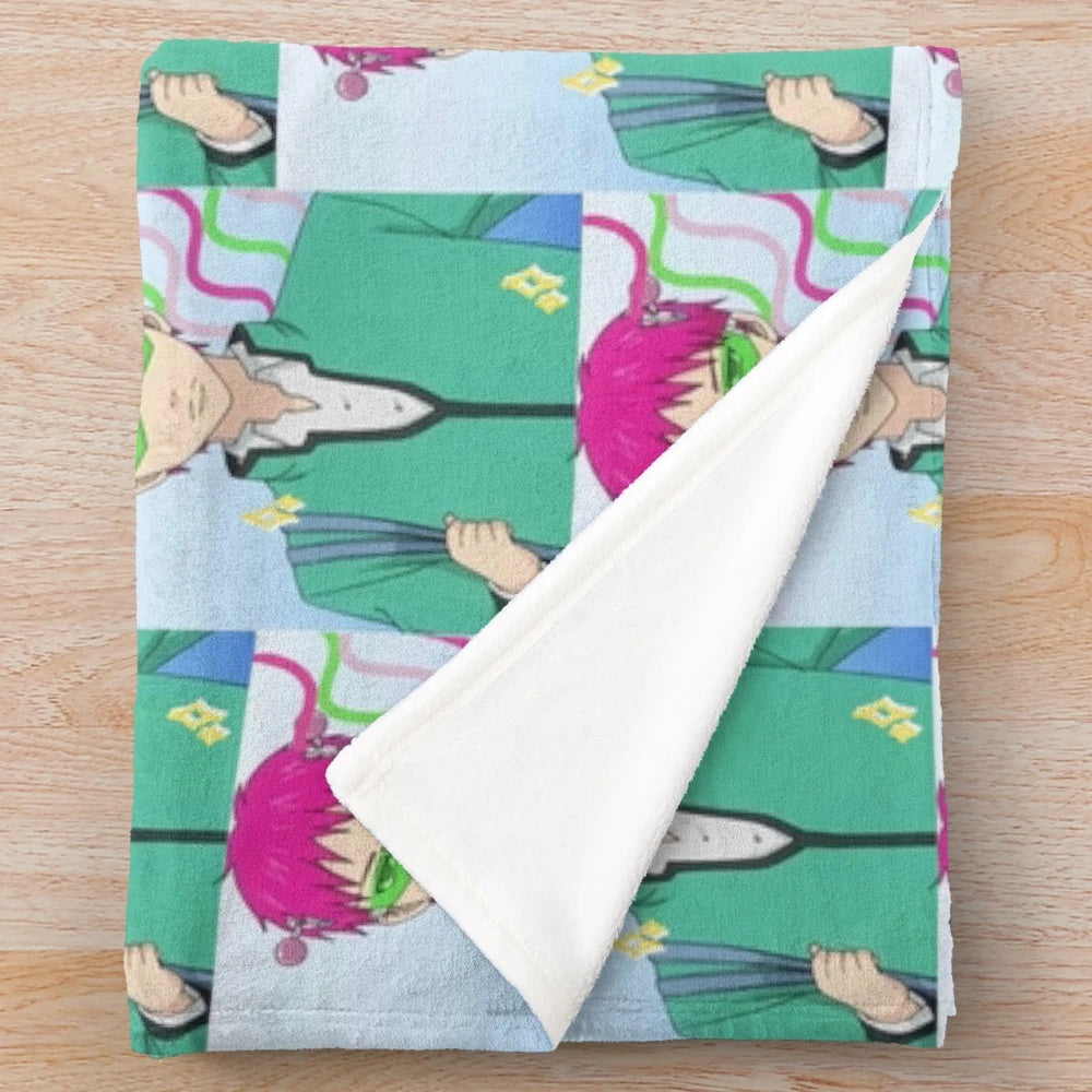 Saiki K anime-inspired plush blanket with hot air balloon, clouds, and pastel design