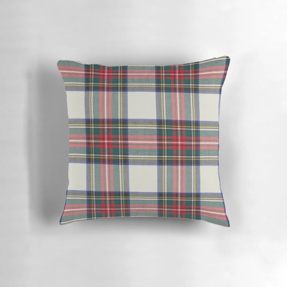 Vibrant Stewart tartan pattern decorative pillow with Scottish and Celtic design elements.
