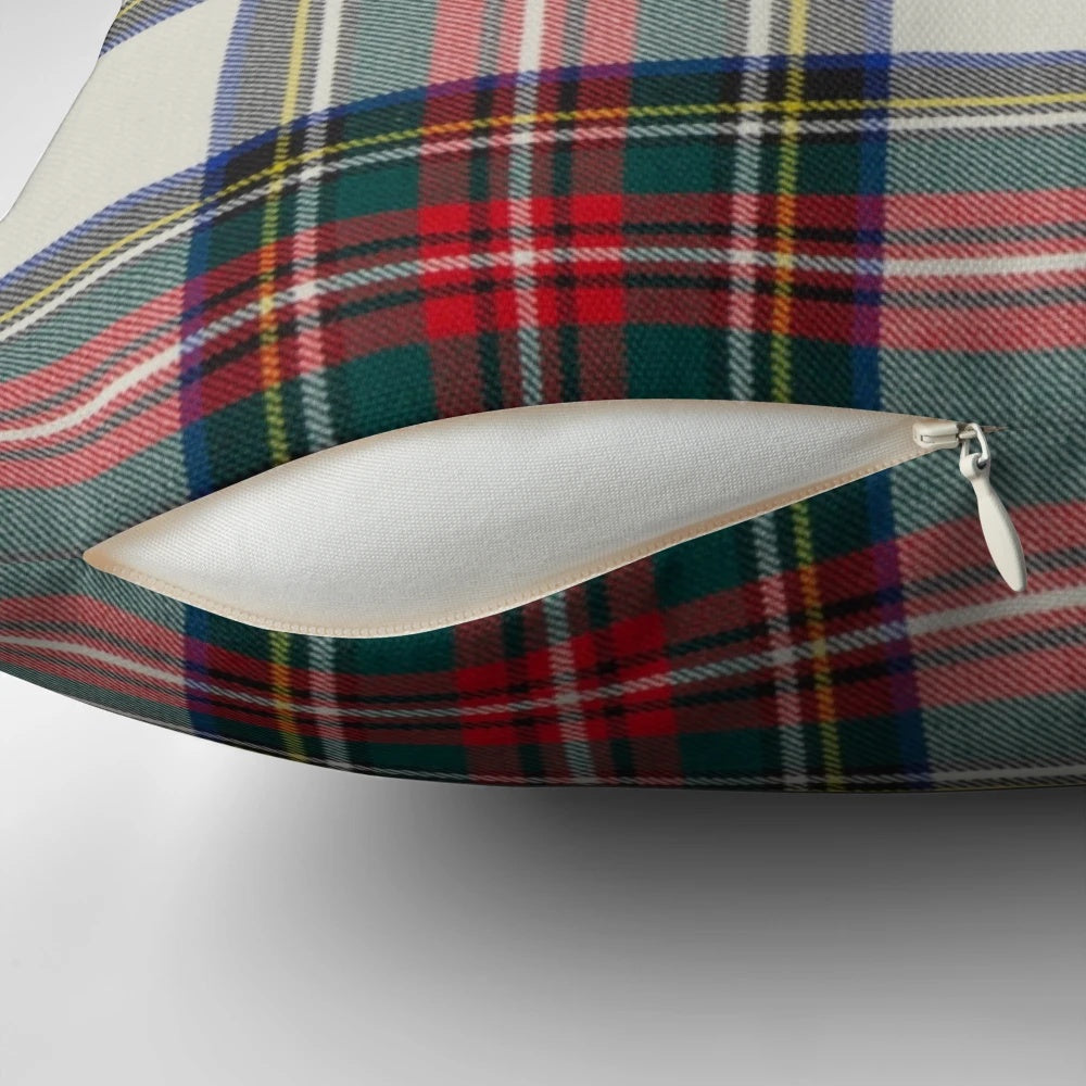 Vibrant Stewart tartan pattern decorative pillow with Scottish and Celtic design elements.