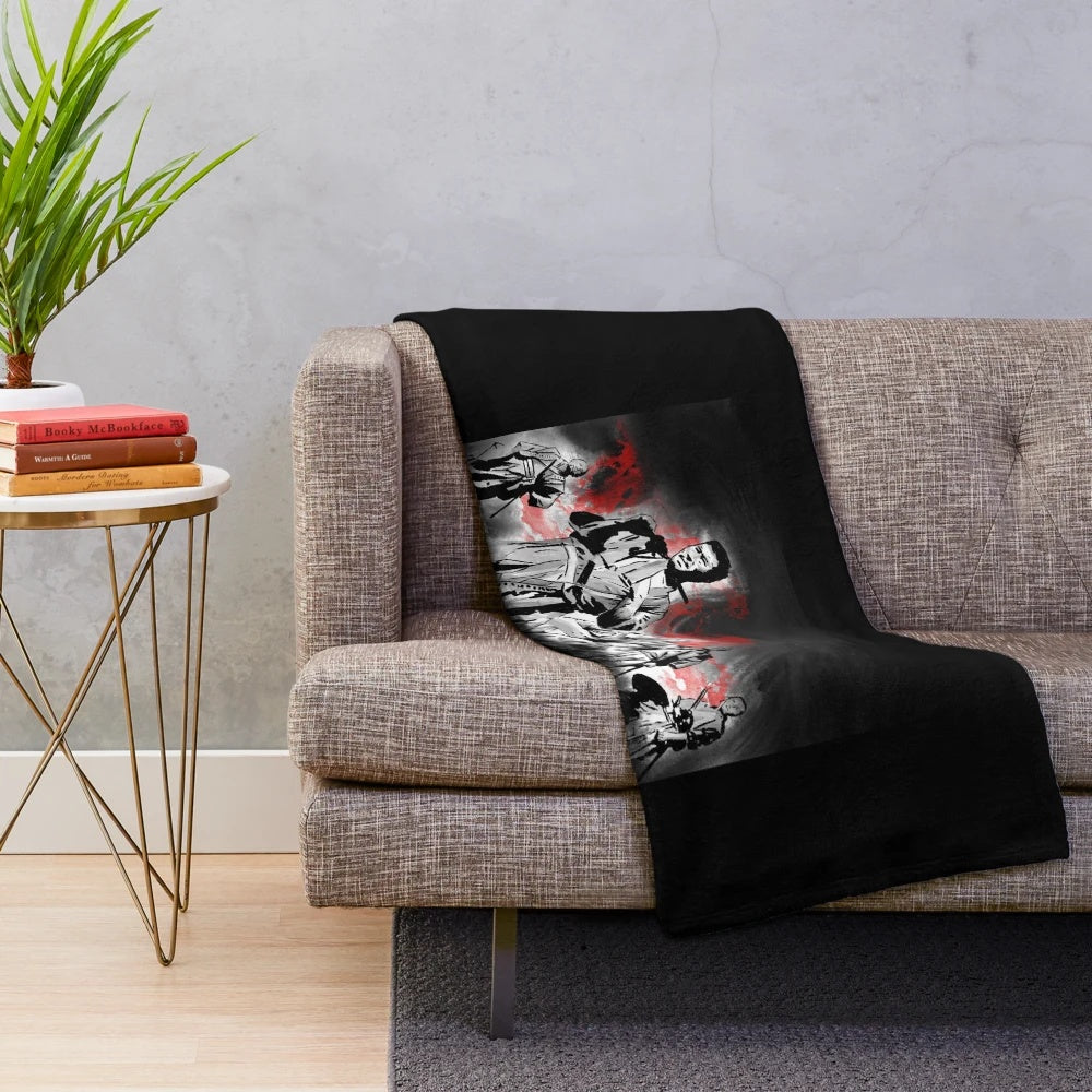 Seven Samurai inspired plush blanket featuring iconic Japanese cinema artwork