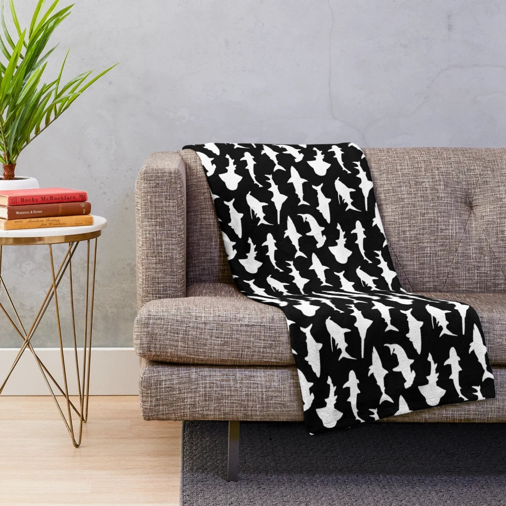 Sharks silhouettes on a black and white minimalist plush blanket