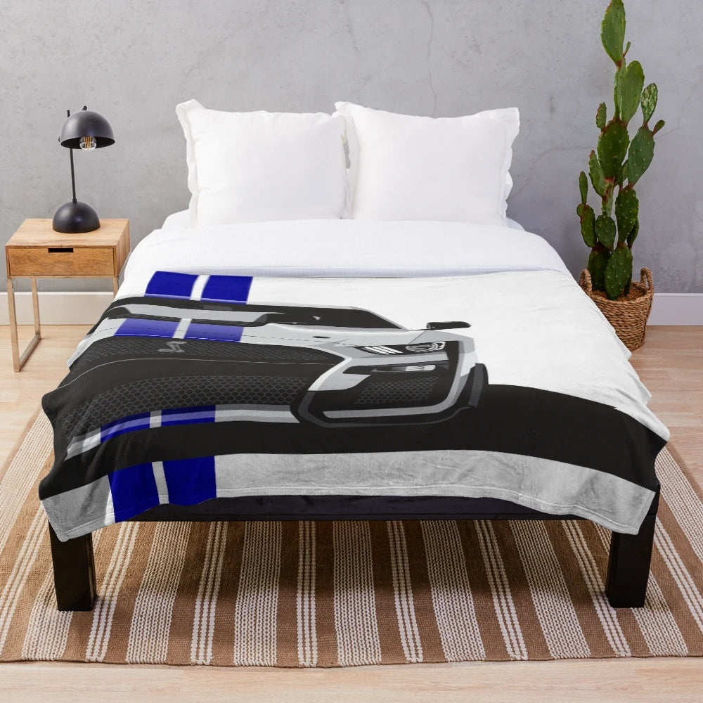 Shelby GT 500 inspired plush blanket in oxford white color