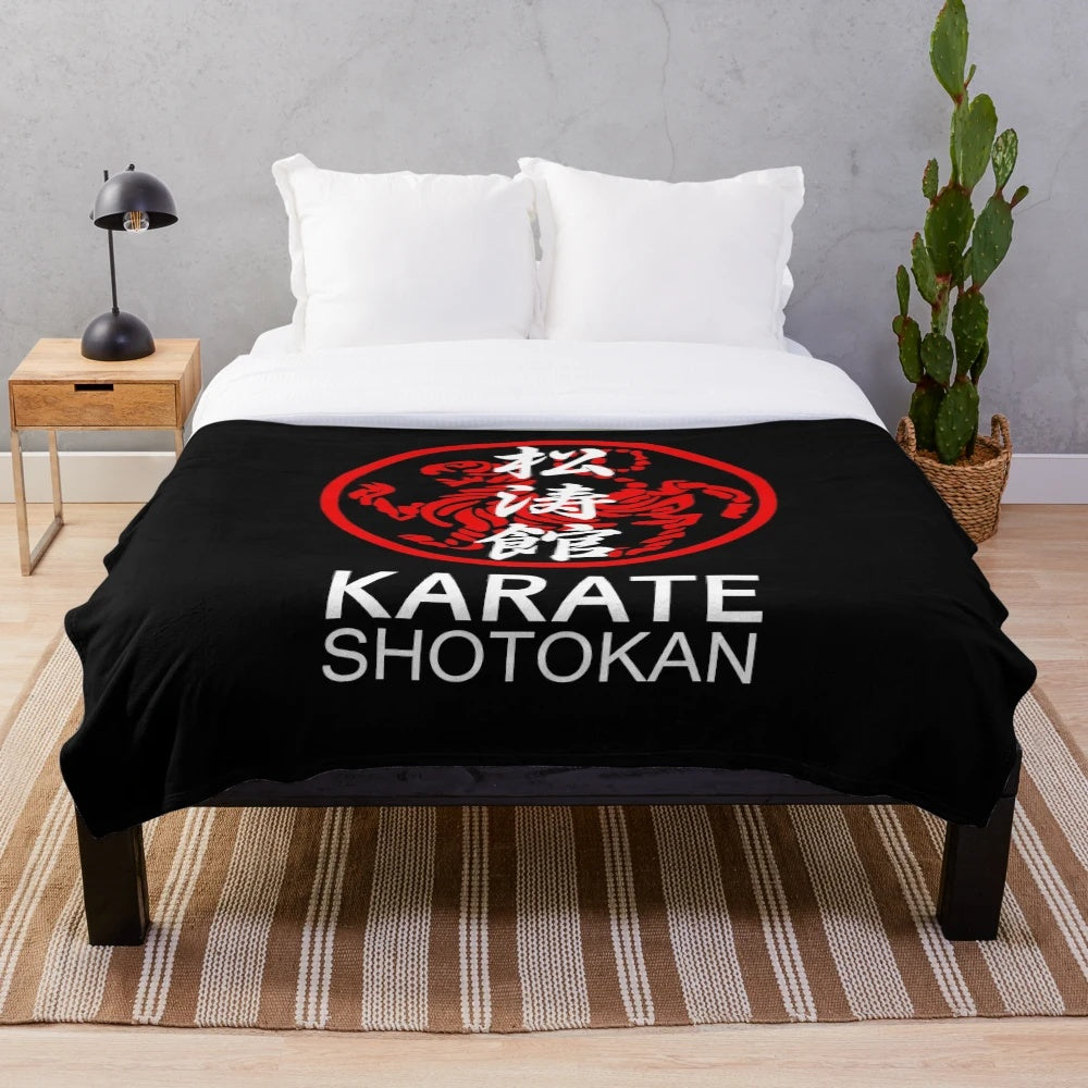 Shotokan karate inspired plush blanket with red and white tiger and Japanese symbols graphics