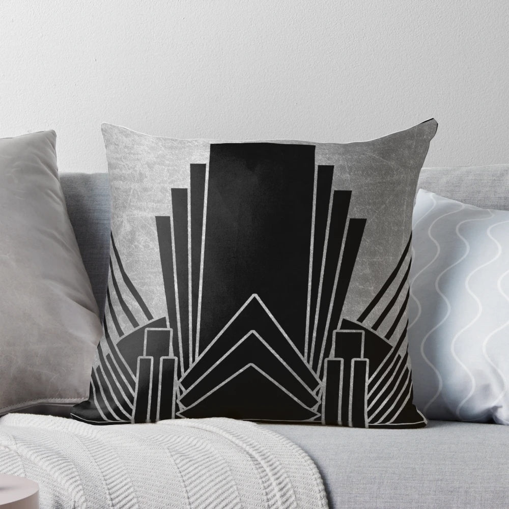 Silver art deco design pillow with geometric and chevron patterns