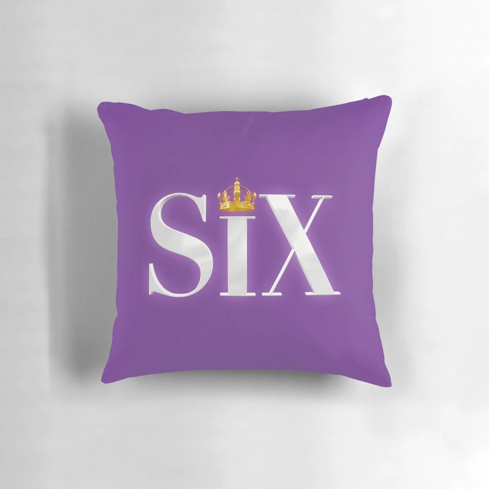 Soft and vibrant Six the Musical logo pillow, perfect for theatre enthusiasts and home decor.
