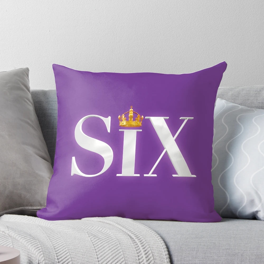 Soft and vibrant Six the Musical logo pillow, perfect for theatre enthusiasts and home decor.