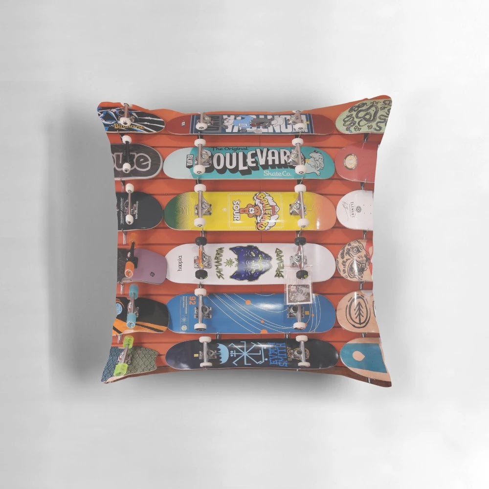 Vibrant skateboard-themed pillow with cool graphic design for skaters and skateboard lovers