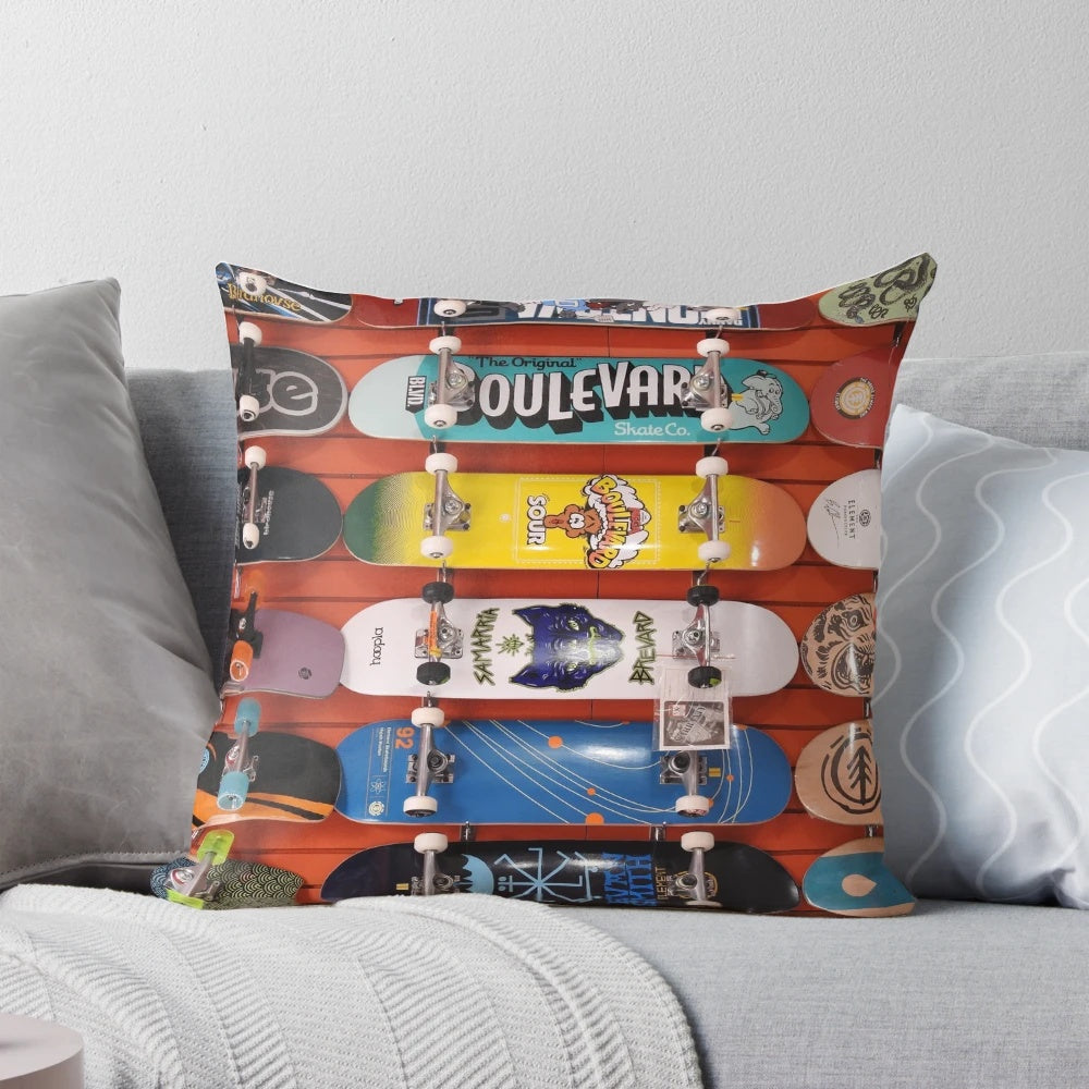Vibrant skateboard-themed pillow with cool graphic design for skaters and skateboard lovers