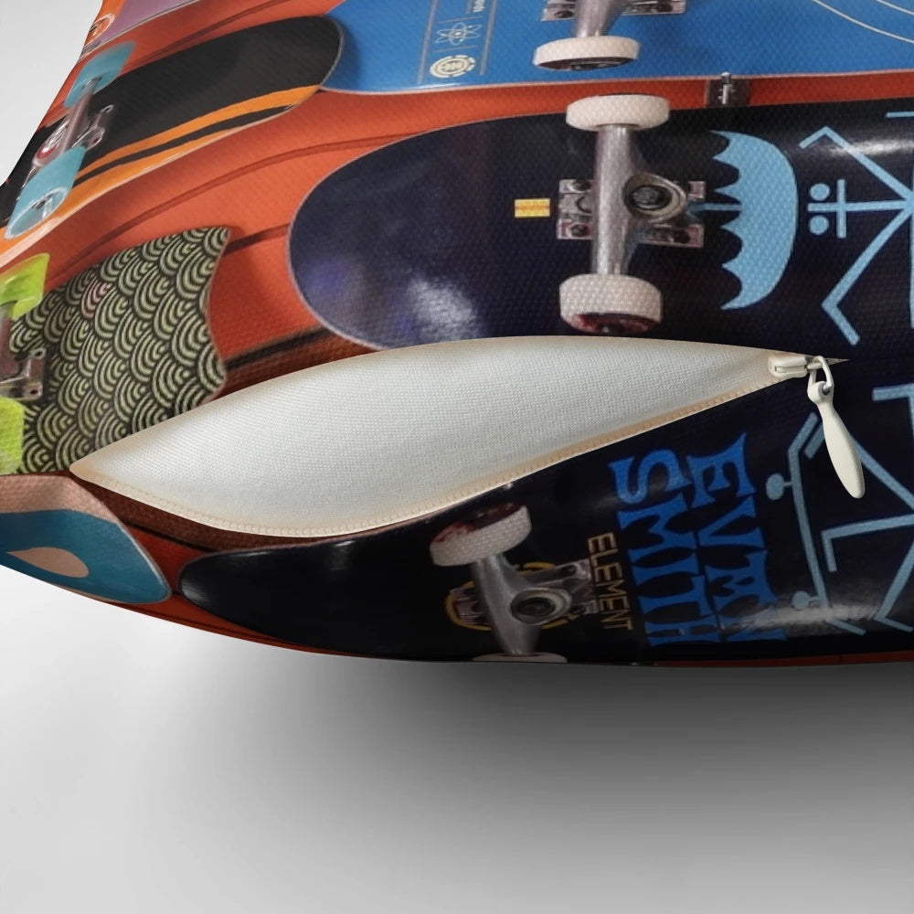 Vibrant skateboard-themed pillow with cool graphic design for skaters and skateboard lovers