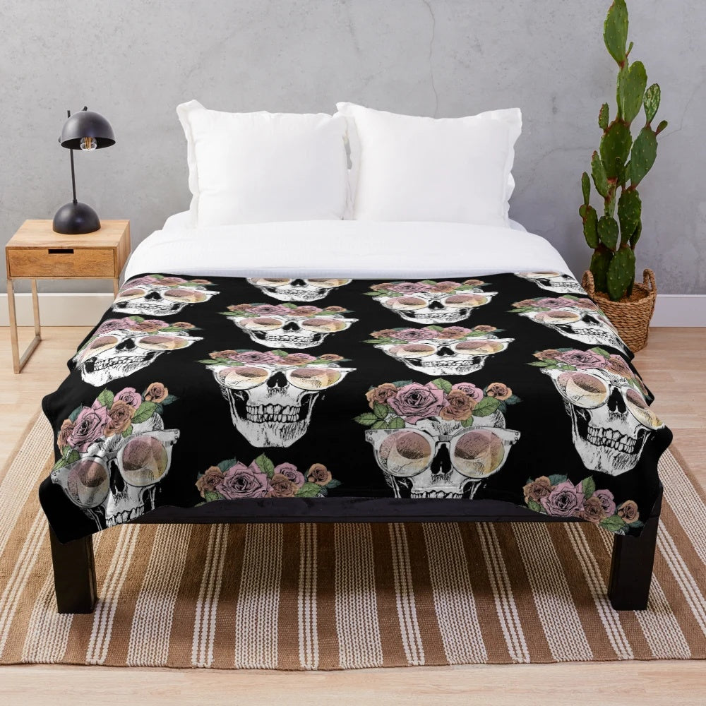 Plush blanket featuring a cool sugar skull design with a floral crown and sunglasses