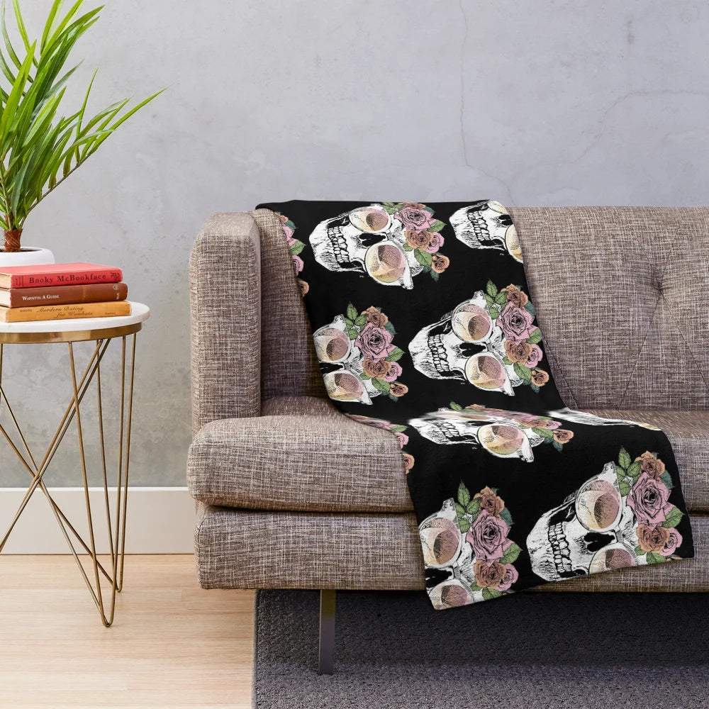 Plush blanket featuring a cool sugar skull design with a floral crown and sunglasses