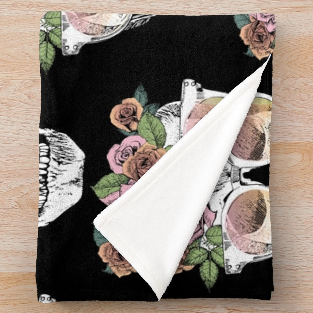 Plush blanket featuring a cool sugar skull design with a floral crown and sunglasses