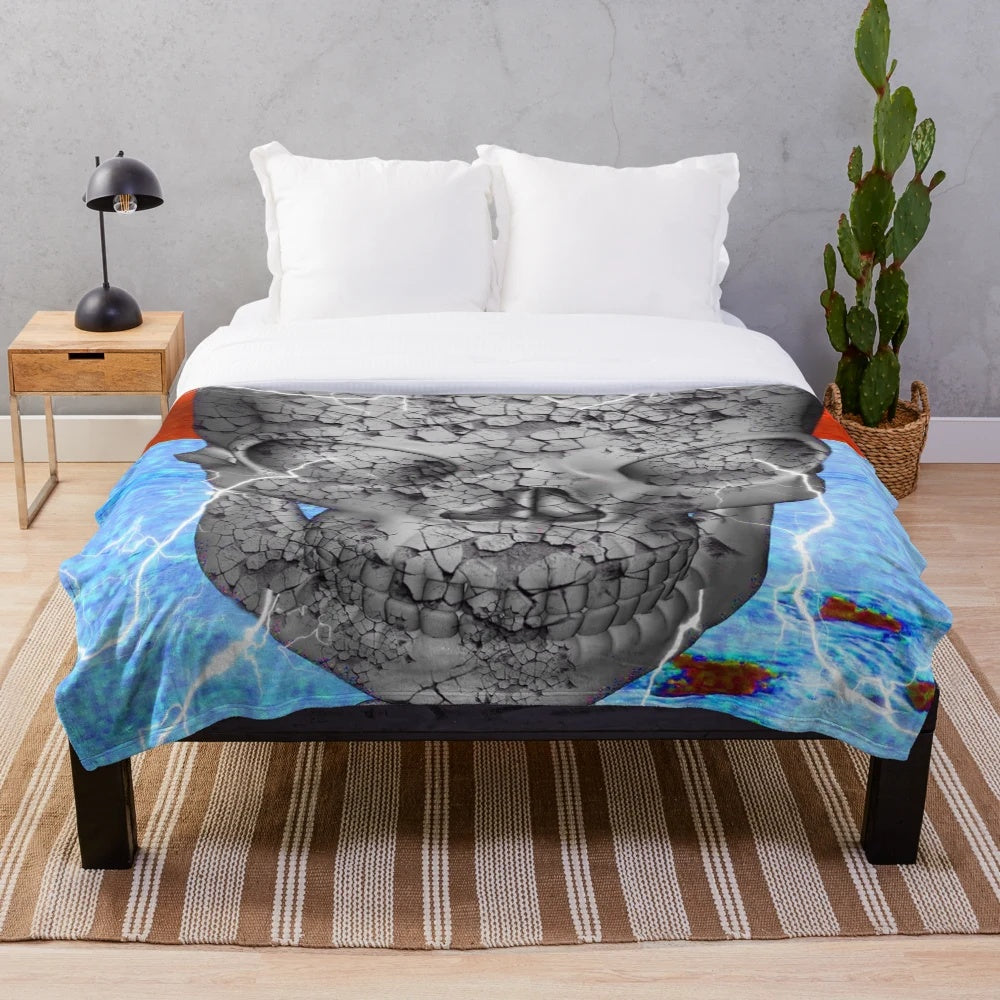 Vibrant skull time traveler plush blanket with retro and modern patterns