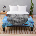 Vibrant skull time traveler plush blanket with retro and modern patterns