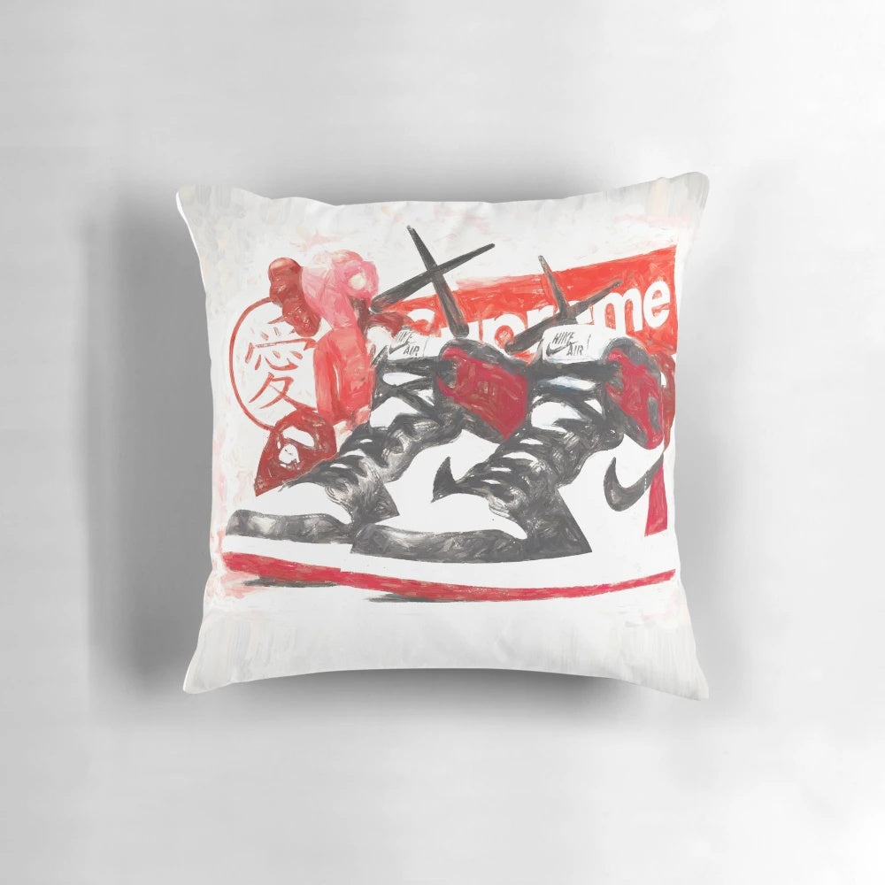 Vibrant sneaker head design printed on a plush, comfortable throw pillow for sneaker collectors and streetwear enthusiasts.