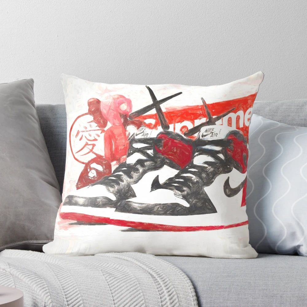 Vibrant sneaker head design printed on a plush, comfortable throw pillow for sneaker collectors and streetwear enthusiasts.